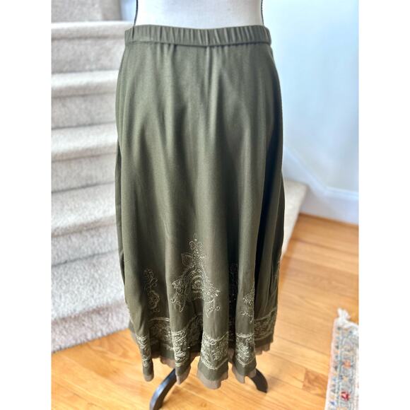 Vintage Coldwater Creek Olive Green Embroidered Maxi Peasant Skirt - Picture 5 of 7